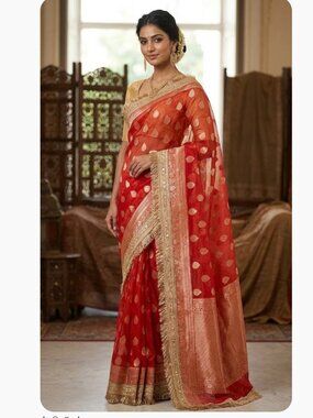 NEW Red Orange Indian Saree Gold Zari Border Buti Traditional Ready to Wear